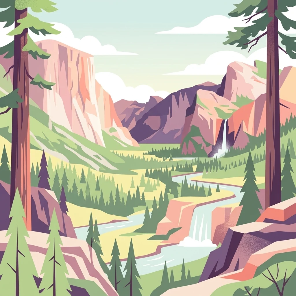 Digital vector-style illustration of a dramatic mountain valley with towering cliffs, two waterfalls, a winding river, and pine trees, framed by large trees in the foreground.