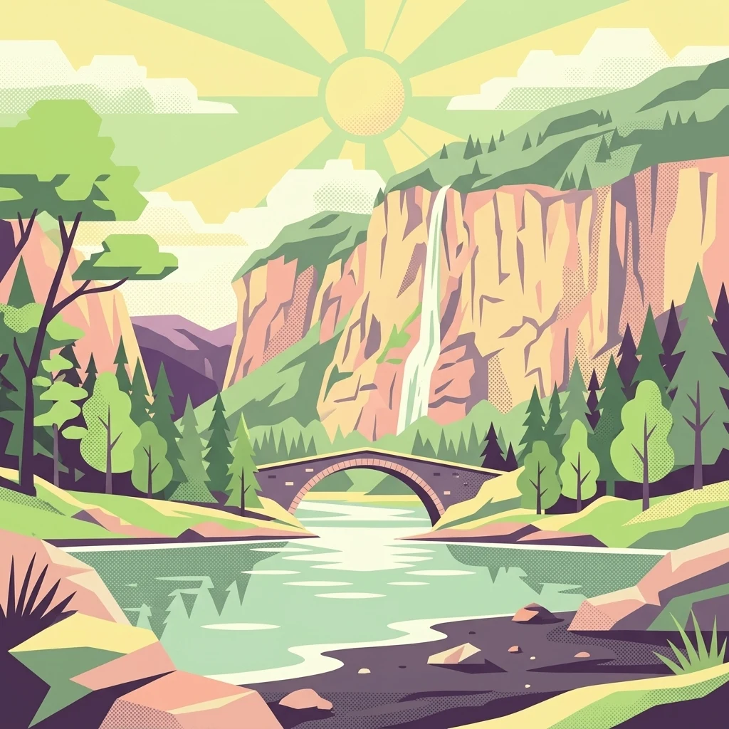 A graphic illustration of a sunny mountainous landscape featuring a river crossing an arched stone bridge, a tall waterfall cascading down a cliff, and dense pine forests.