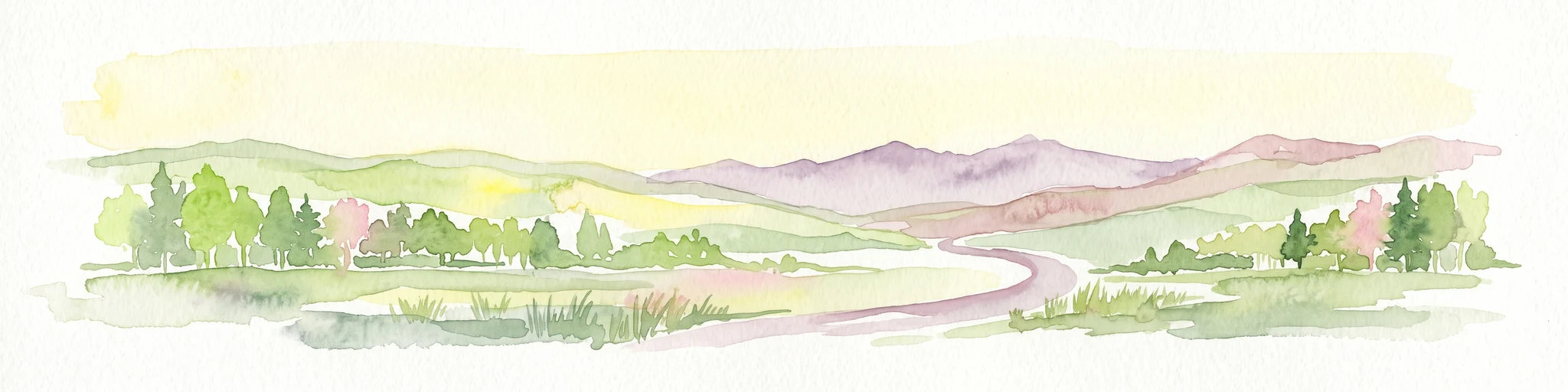 Una ilustración en acuarela de un suave paisaje alpino ondulado con un sendero serpenteante y picos montañosos lejanos contra un cielo amarillo pálido.