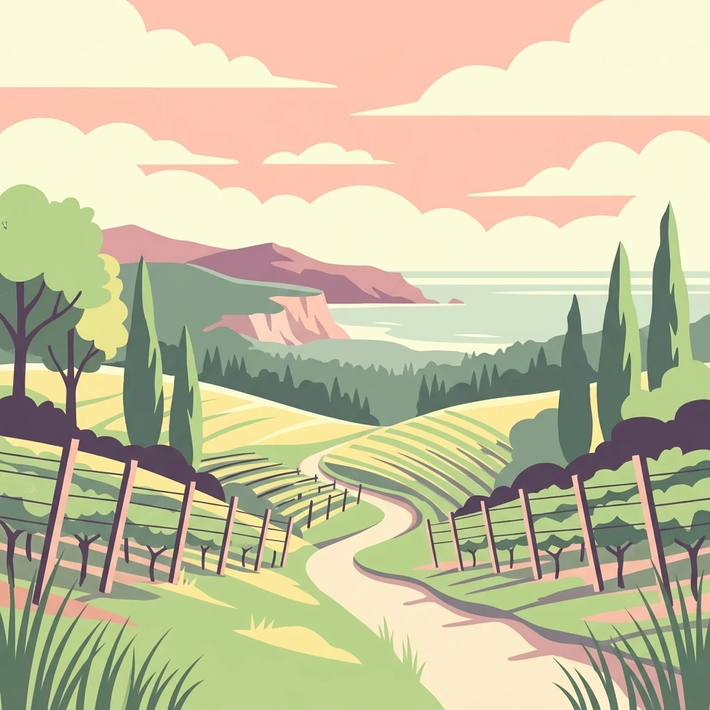 A stylized flat illustration of a coastal landscape with vineyards in the foreground, cypress trees, rolling hills, and sea cliffs in the background under a soft pastel sky.