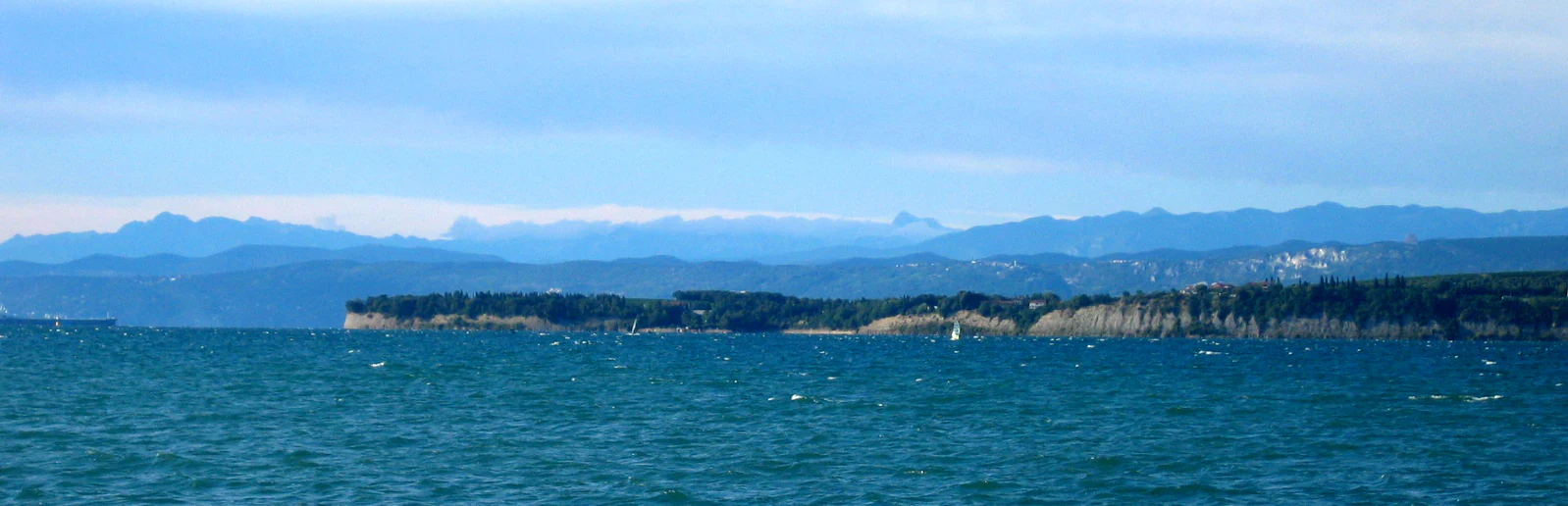 A wide shot showing the wooded Debeli rtič peninsula coastline projecting into the calm blue waters of Koper bay, with a range of faint blue mountains visible in the distance under a partly cloudy sky.