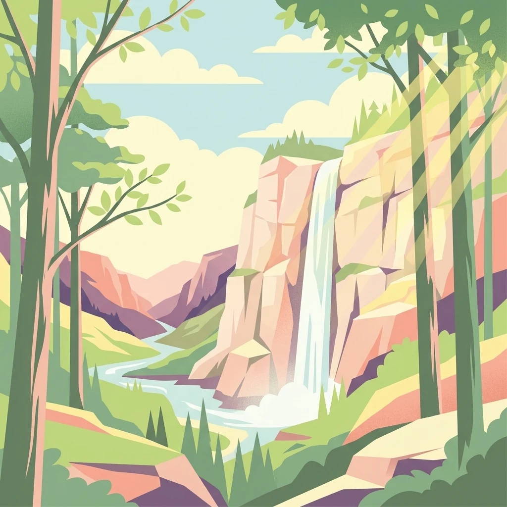 Stylized digital illustration showing a waterfall tumbling from high cliffs into a winding river, framed by foreground forest trees, with light rays filtering through the canopy.
