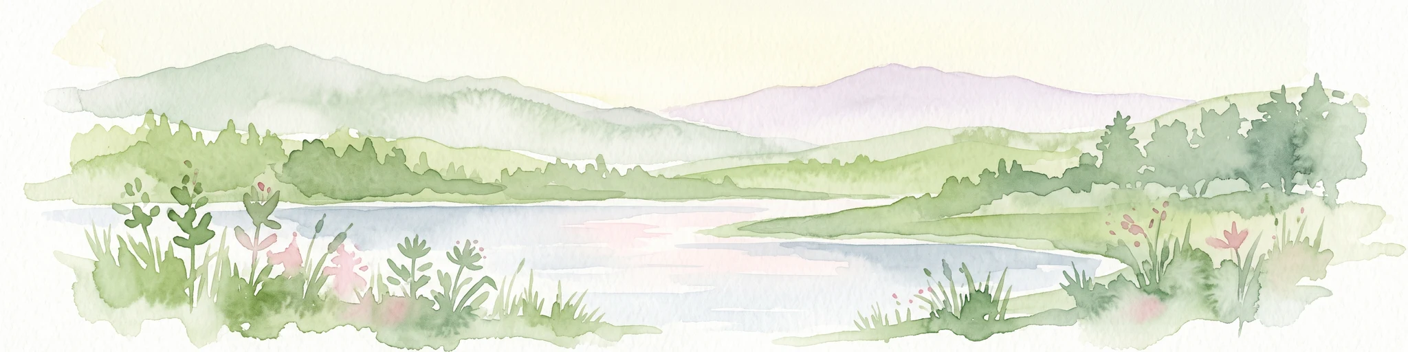 Watercolor illustration of a calm lake surrounded by low, rolling green hills and a forested shoreline with wildflower foreground.