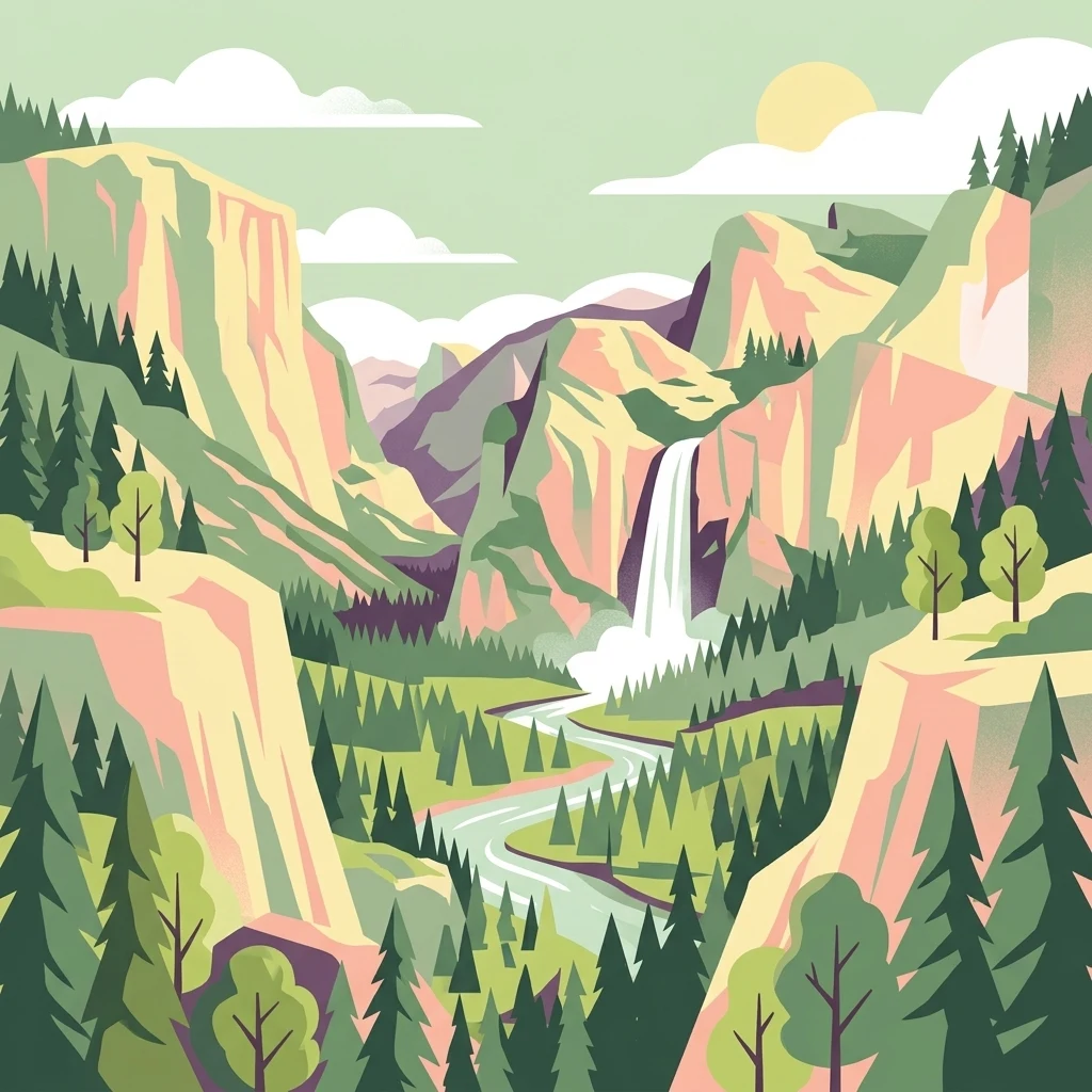 Una ilustración digital de un valle montañoso con una cascada, un río serpenteante y un bosque de pinos, renderizada en un estilo artístico plano y moderno.