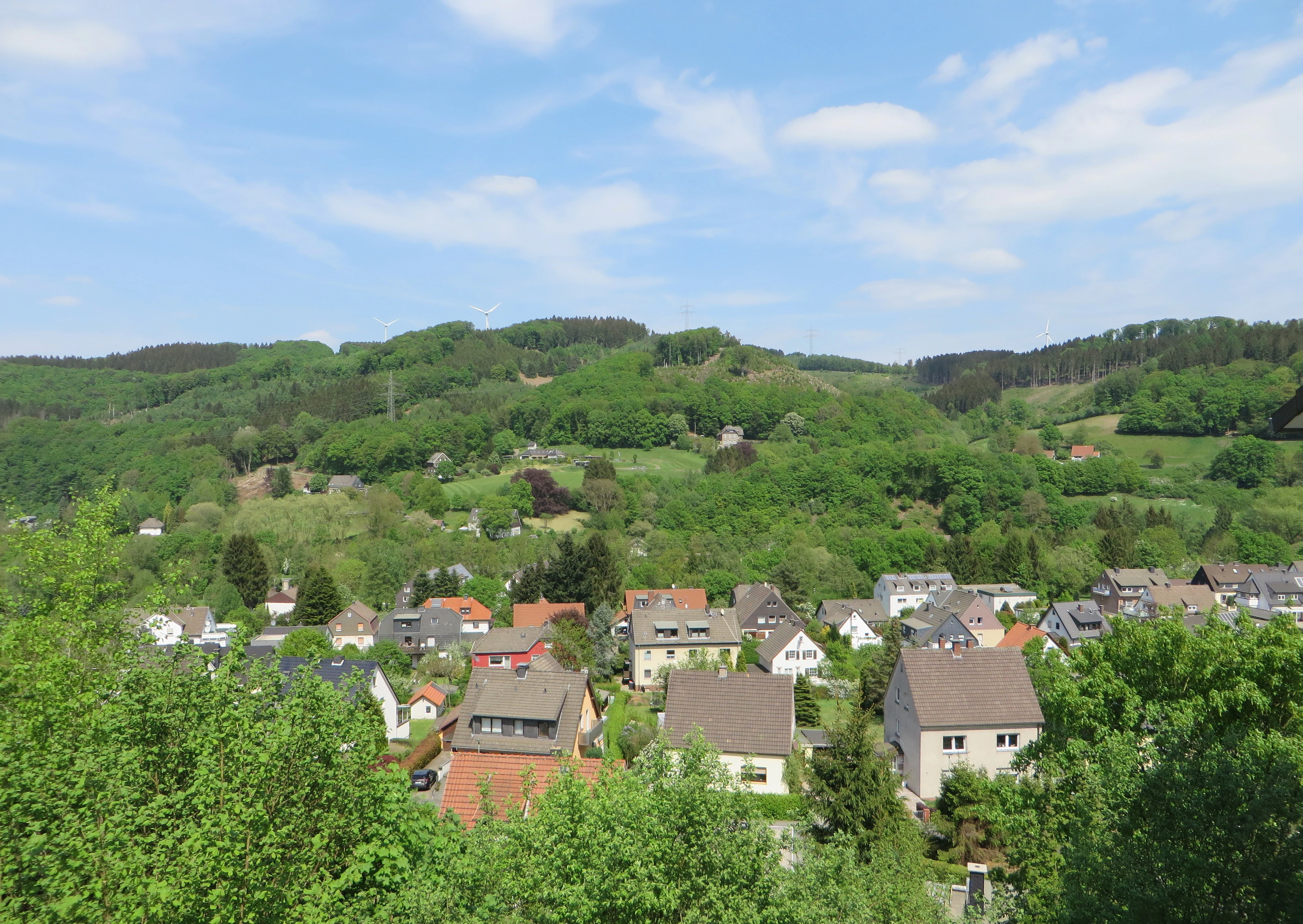 A wide view of a valley with a small residential settlement in the foreground and dense green hills and forests in the background under a blue sky with light clouds.