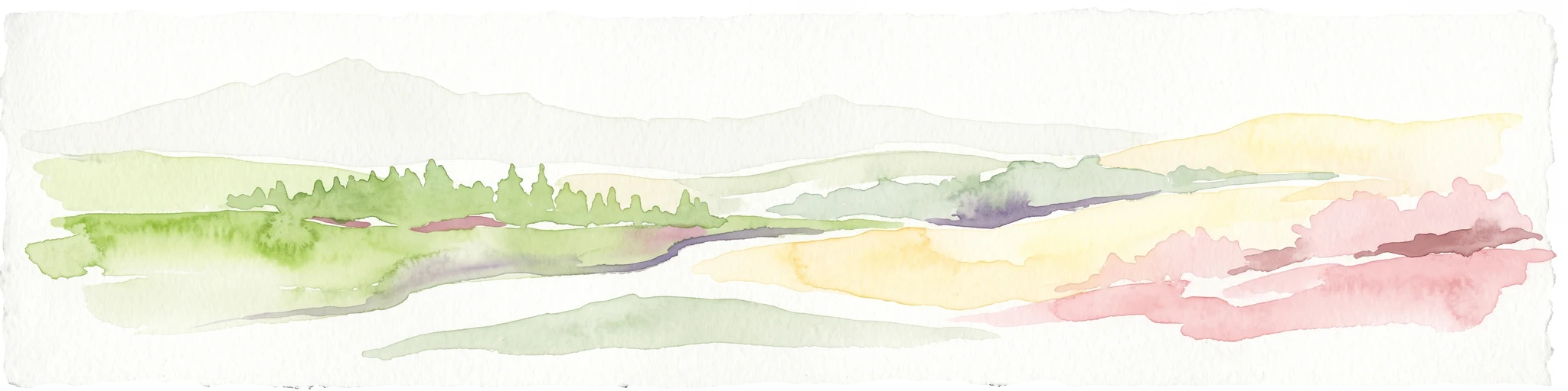A soft, minimalist watercolor painting showing rolling green hills, a small grouping of trees, and muted yellow and pink ground tones against a white background.