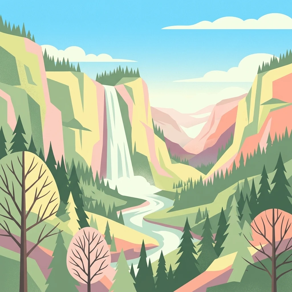 Stylized graphic illustration showing a cascading waterfall falling between steep mountain cliffs into a valley with a river and surrounding pine forest.
