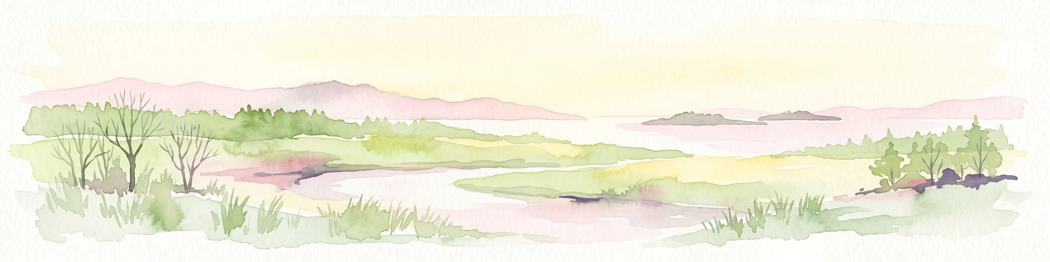 A horizontal watercolor painting depicting a soft-toned landscape with a winding river, grassy banks, and distant rolling hills in light pastel colors.