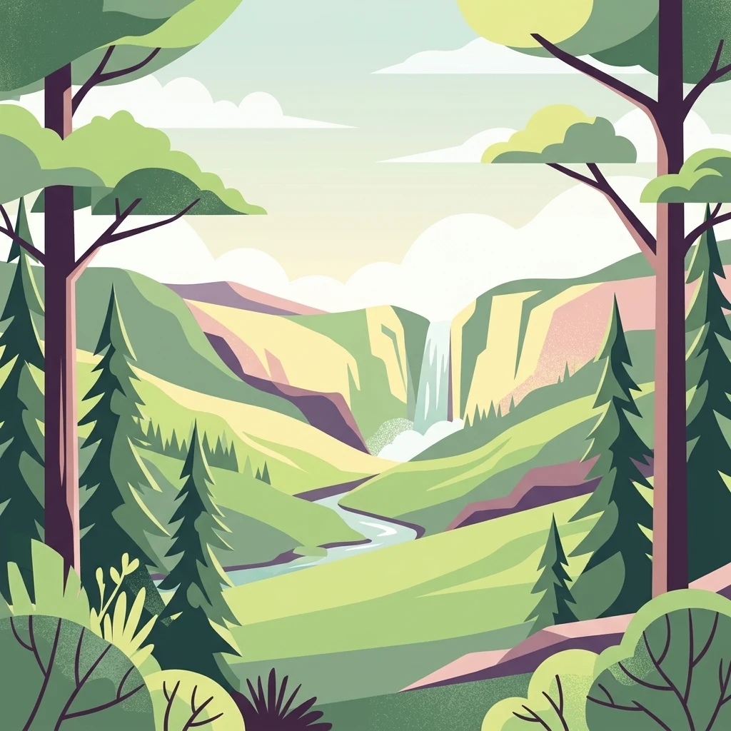 Una ilustración digital de estilo plano que muestra un valle verde y frondoso enmarcado por pinos en primer plano, con una cascada y un río serpenteante en la distancia.