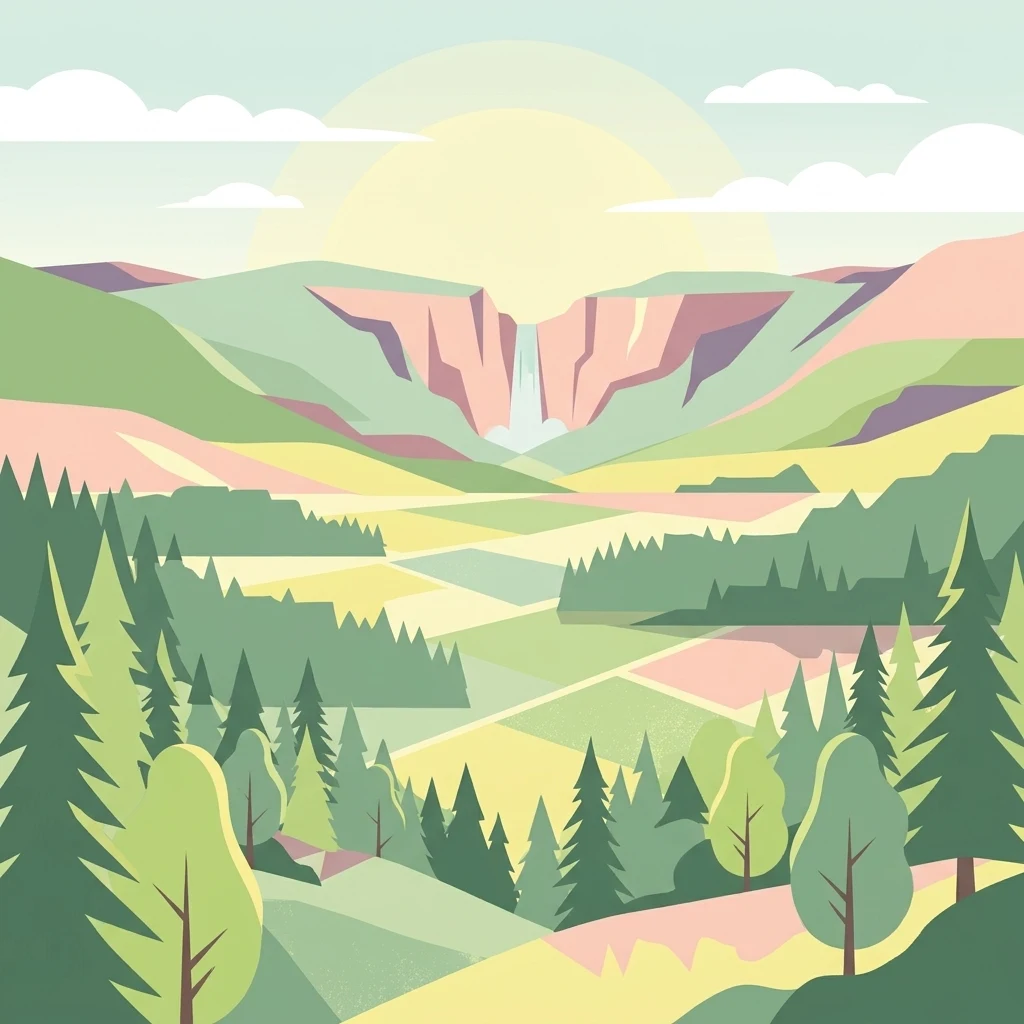 Stylized vector illustration of a scenic valley with dense green forests in the foreground and a waterfall flowing between cliffs in the background under a soft sun.