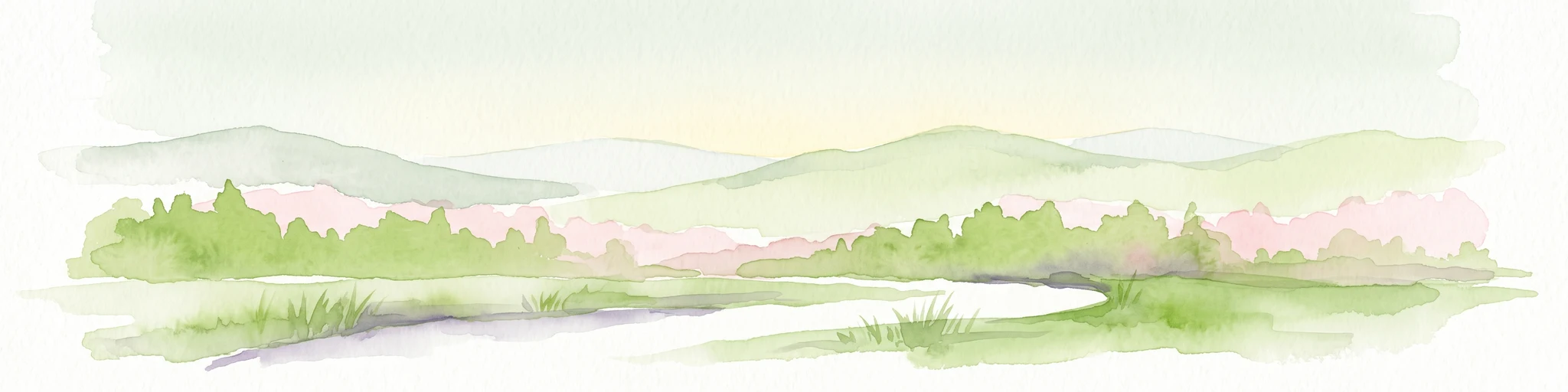 Una pintura en acuarela de un paisaje sereno con colinas verdes onduladas a lo lejos, una hilera de árboles en el plano medio y un pequeño arroyo serpenteante en el primer plano.