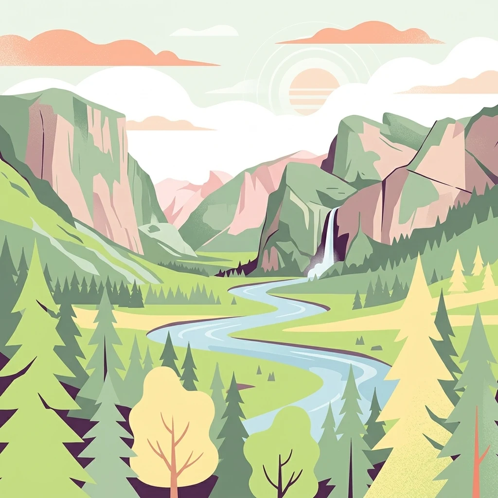 Una ilustración gráfica que muestra un río serpenteante que fluye a través de un frondoso valle montañoso con una cascada a la derecha, rodeado de bosques de pinos y acantilados bajo un cielo suave al atardecer.