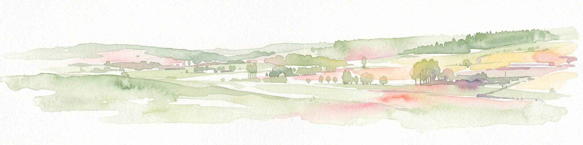 A soft watercolor painting of a rolling rural landscape with distant hills, scattered trees, and pastoral fields in shades of green, yellow, and red.