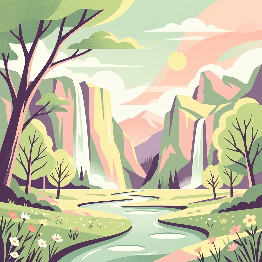 Una ilustración de diseño plano y colorido que representa un valle con dos cascadas que caen desde acantilados hacia un río serpenteante central, rodeado de árboles y flores silvestres bajo un cielo al atardecer.