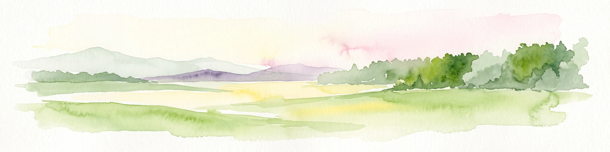 A watercolor painting showing a soft, stylized landscape with open fields, a line of green trees, and distant hills under a light sky.