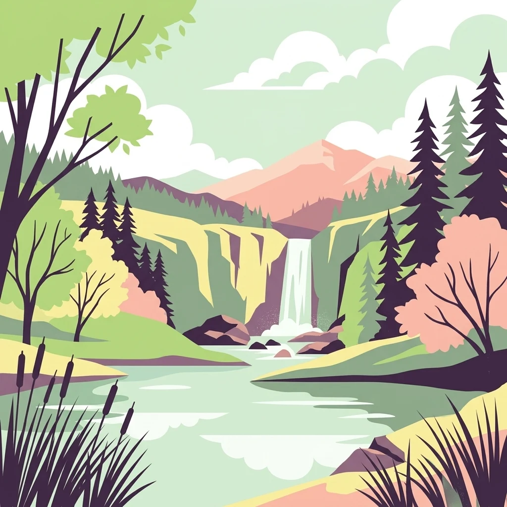 A graphic illustration depicting a waterfall cascading into a calm river surrounded by pine trees, deciduous trees, and a mountain backdrop.