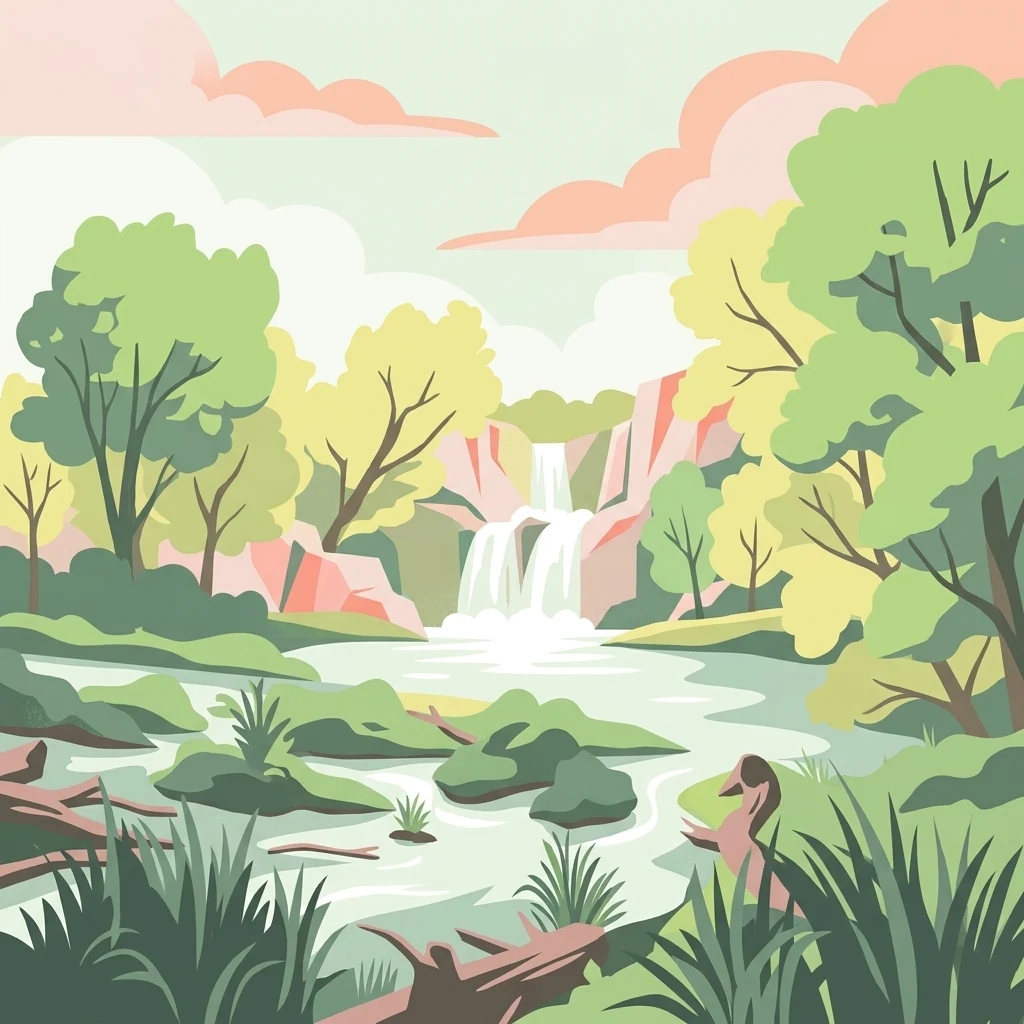 A stylized digital illustration of a river flowing through a forested valley with a small waterfall in the background and foreground greenery.
