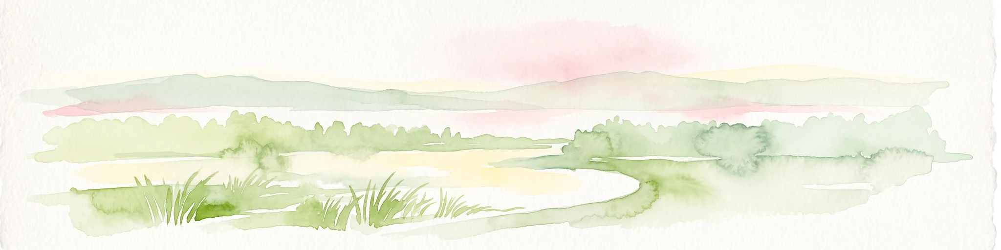 A watercolor painting showing a green landscape with a winding river and distant hills under a light pink sky.
