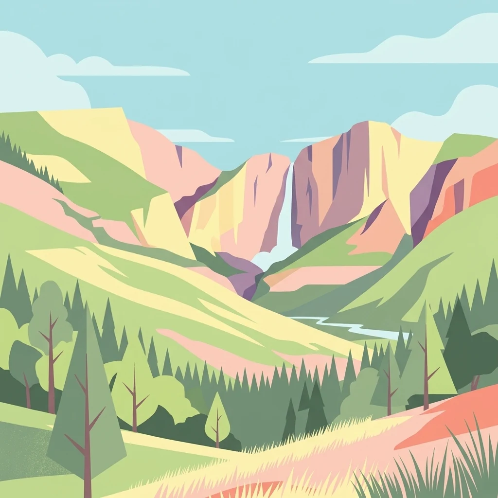 Una ilustración digital de estilo plano que representa un valle de montaña con una cascada que fluye entre acantilados, rodeada de un bosque de coníferas, laderas verdes y hierbas altas.