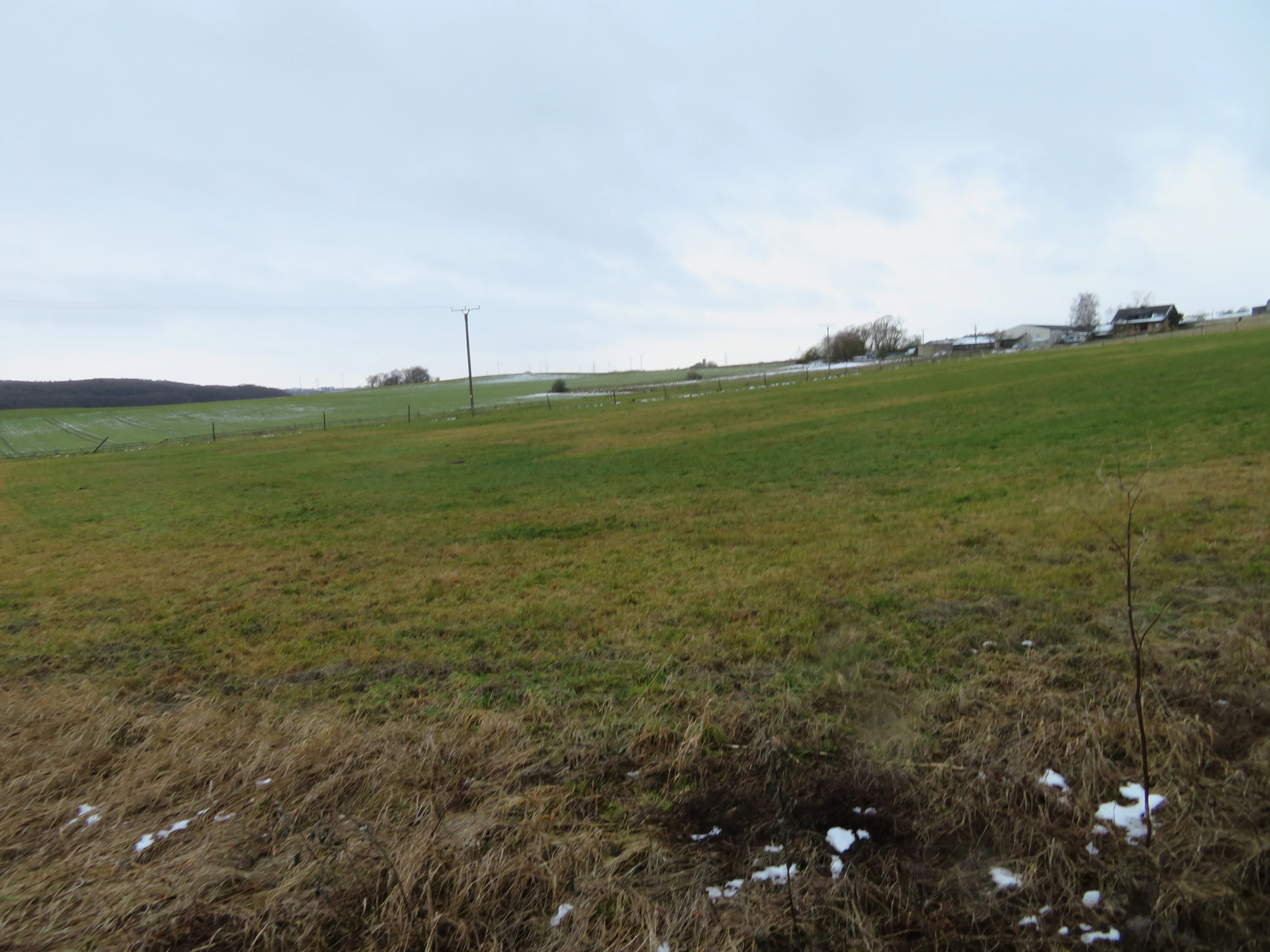 A wide angle view of an open green field in a rural landscape under a cloudy sky, with scattered patches of snow on the ground and buildings visible in the distance.