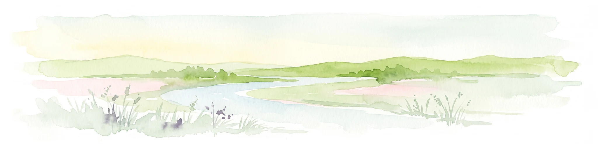 Watercolor painting of a wide, soft-toned landscape showing gentle rolling hills, open fields, and a small meandering stream, executed in a minimalist, light-filled style.
