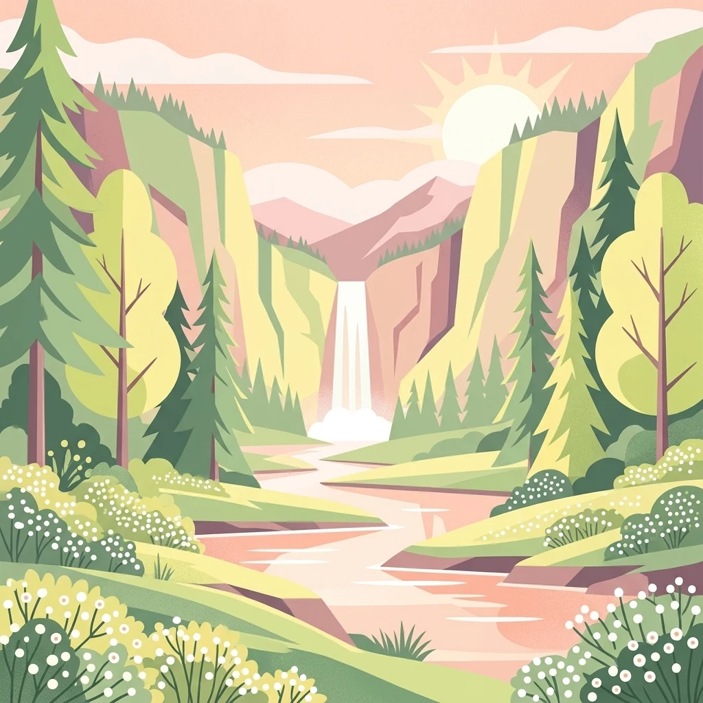 Una ilustración de estilo vectorial plano de un valle escénico con un río en primer plano que conduce a una cascada central, flanqueado por árboles de hoja perenne y montañas bajo un sol poniente.