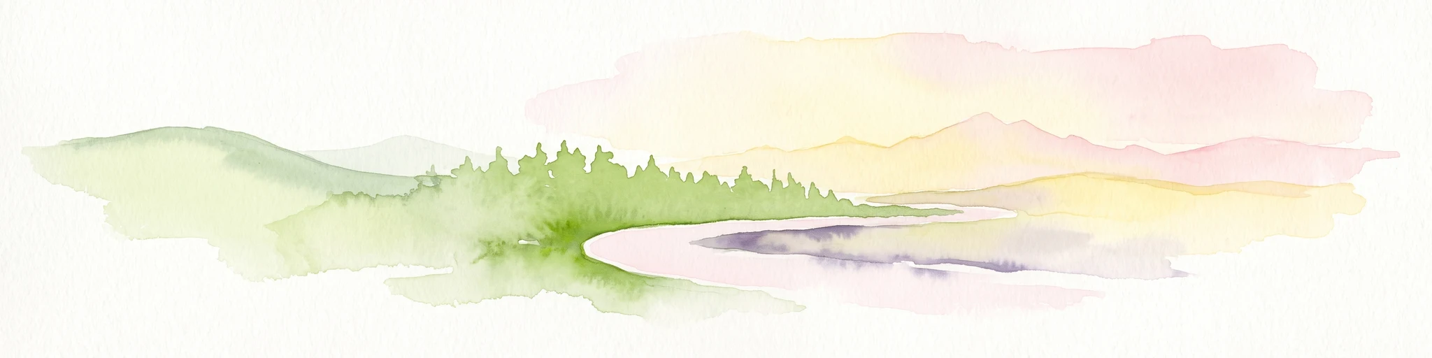 A minimalist watercolor illustration featuring a green treeline, soft rolling hills, and a calm body of water in warm light tones on a white background.
