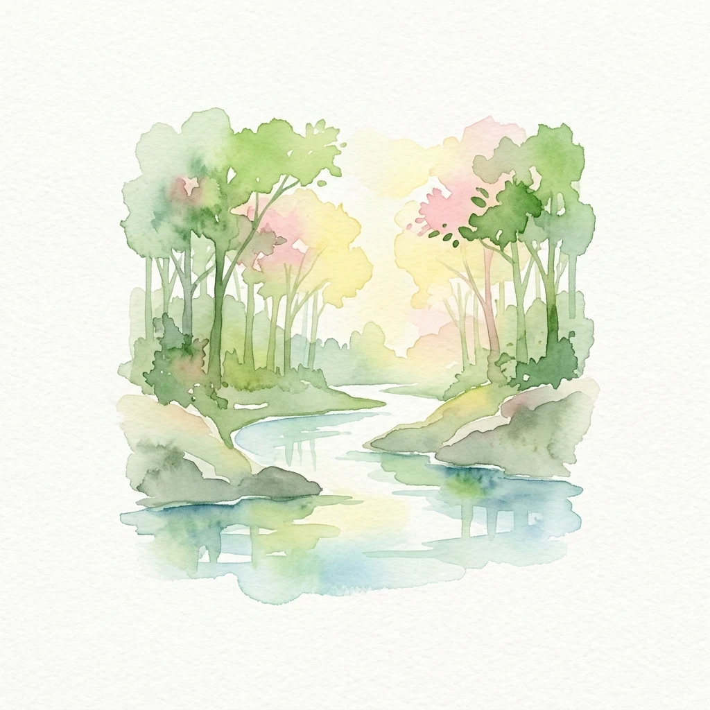 Watercolor painting of a river flowing through a forested landscape with trees and a sunset sky