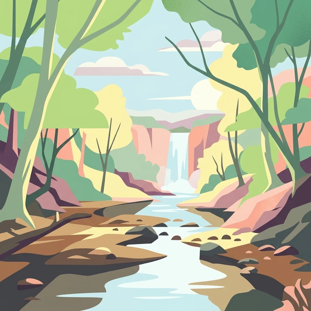 Ilustración estilizada de un río que fluye a través de una zona boscosa con acantilados y una cascada