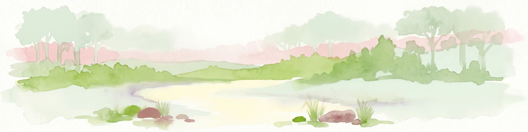Ilustración acuarela de un paisaje fluvial con árboles y vegetación