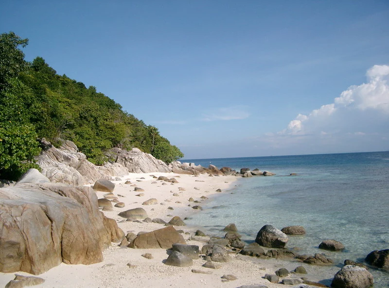 A sunny coastal scene showing a white sandy beach with large boulders and dense tropical forest meeting the turquoise sea.
