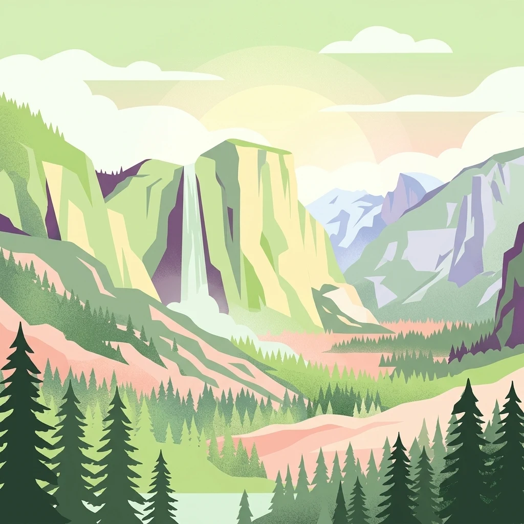 Una ilustración plana y estilizada de un valle de montaña con una cascada prominente que cae por un acantilado, rodeada de bosques de coníferas y nubes, en una paleta de colores pastel.