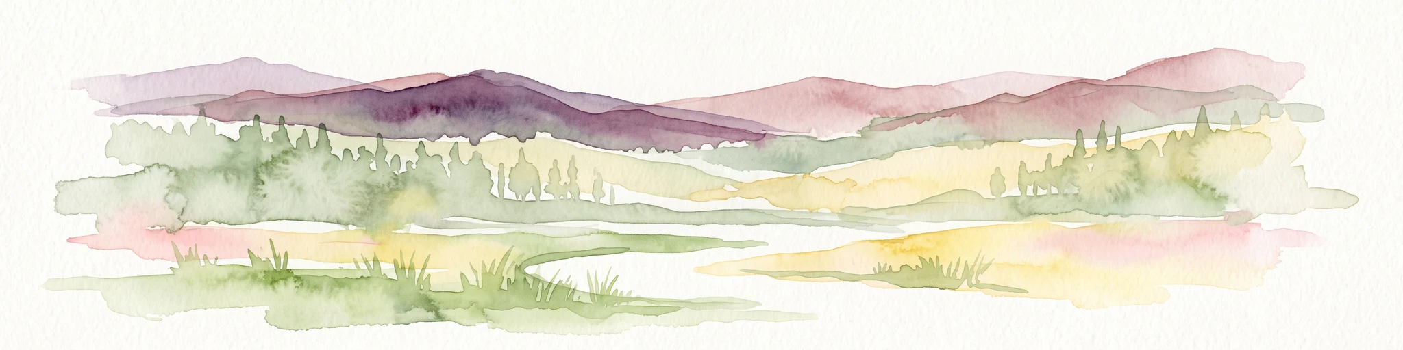 A watercolor painting showing a stylized, panoramic view of layered purple and pink mountains in the background with soft green forests and grassy plains in the foreground.