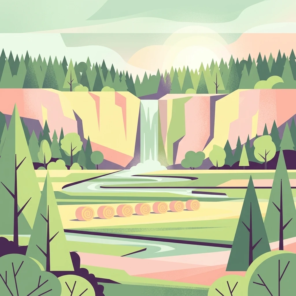 Vector illustration of a scenic valley with a waterfall flowing over cliffs, a winding river, forest surroundings, and several hay bales in the foreground.