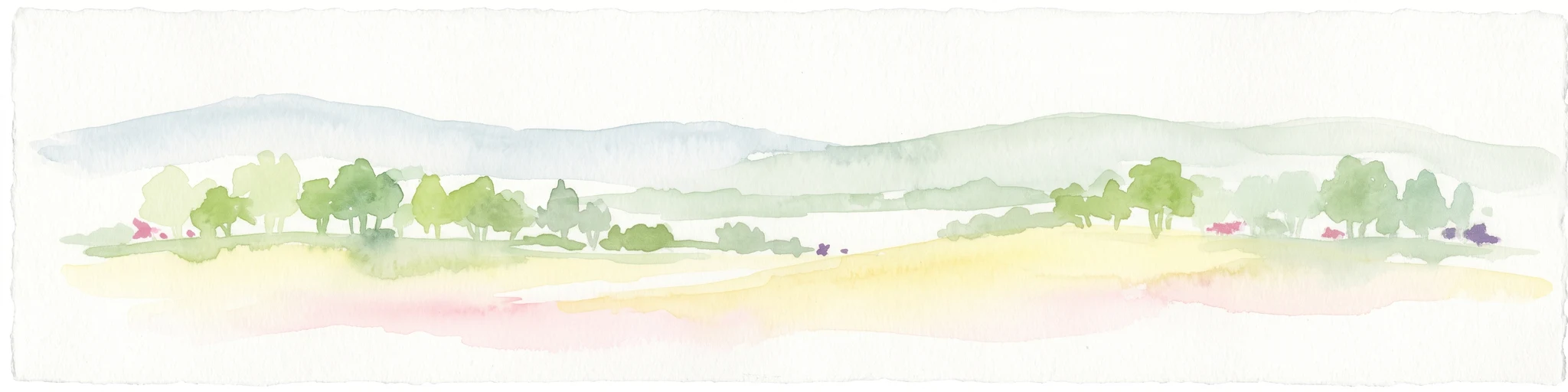 A horizontal watercolor painting showing a soft-focus landscape of light green trees, yellow fields, and pale blue rolling hills in the background.