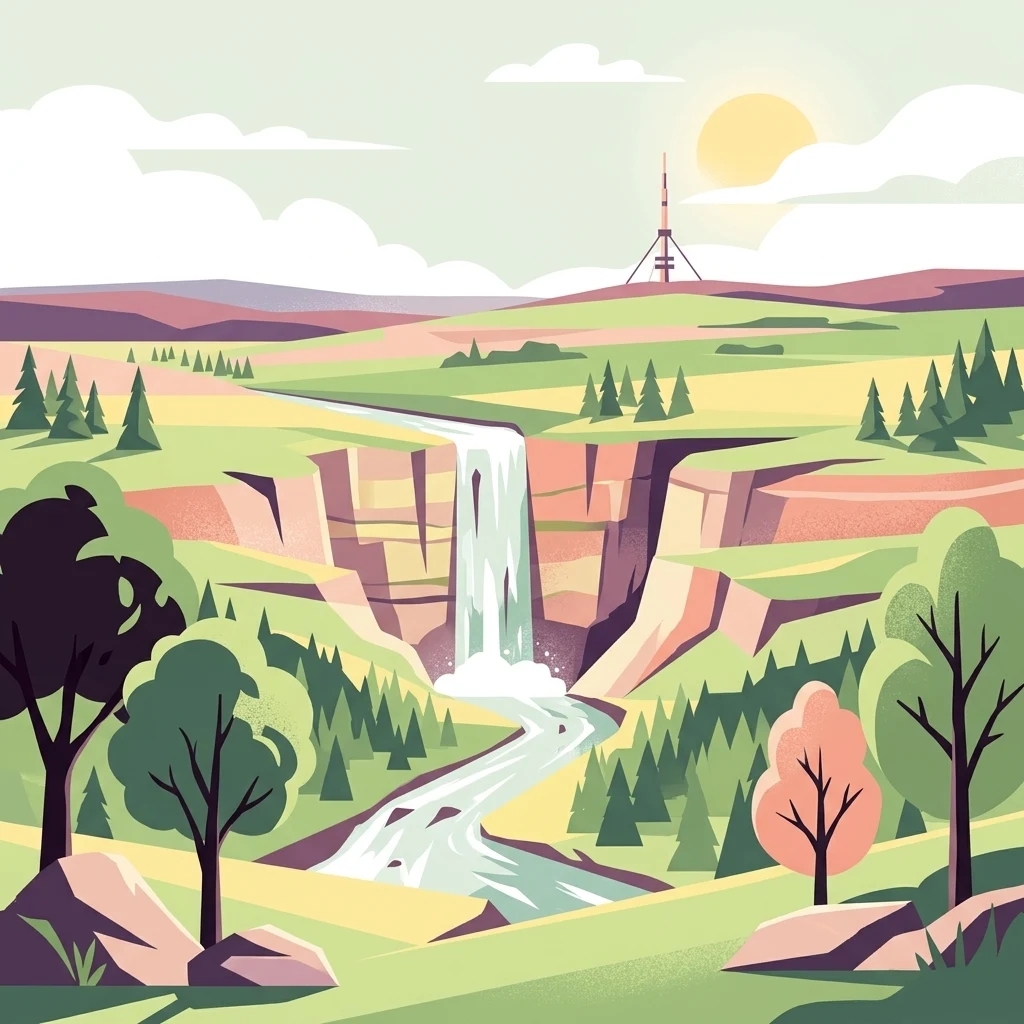 A flat-style digital illustration of a green plateau with a waterfall cascading into a valley, with a radio tower in the distance under a sunny sky.