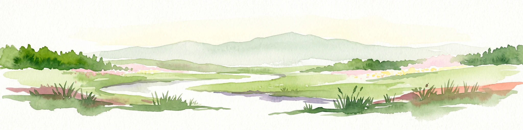 Watercolor painting of a sweeping, green highland landscape with rolling hills in the background and a winding stream flowing through meadow and moorland.