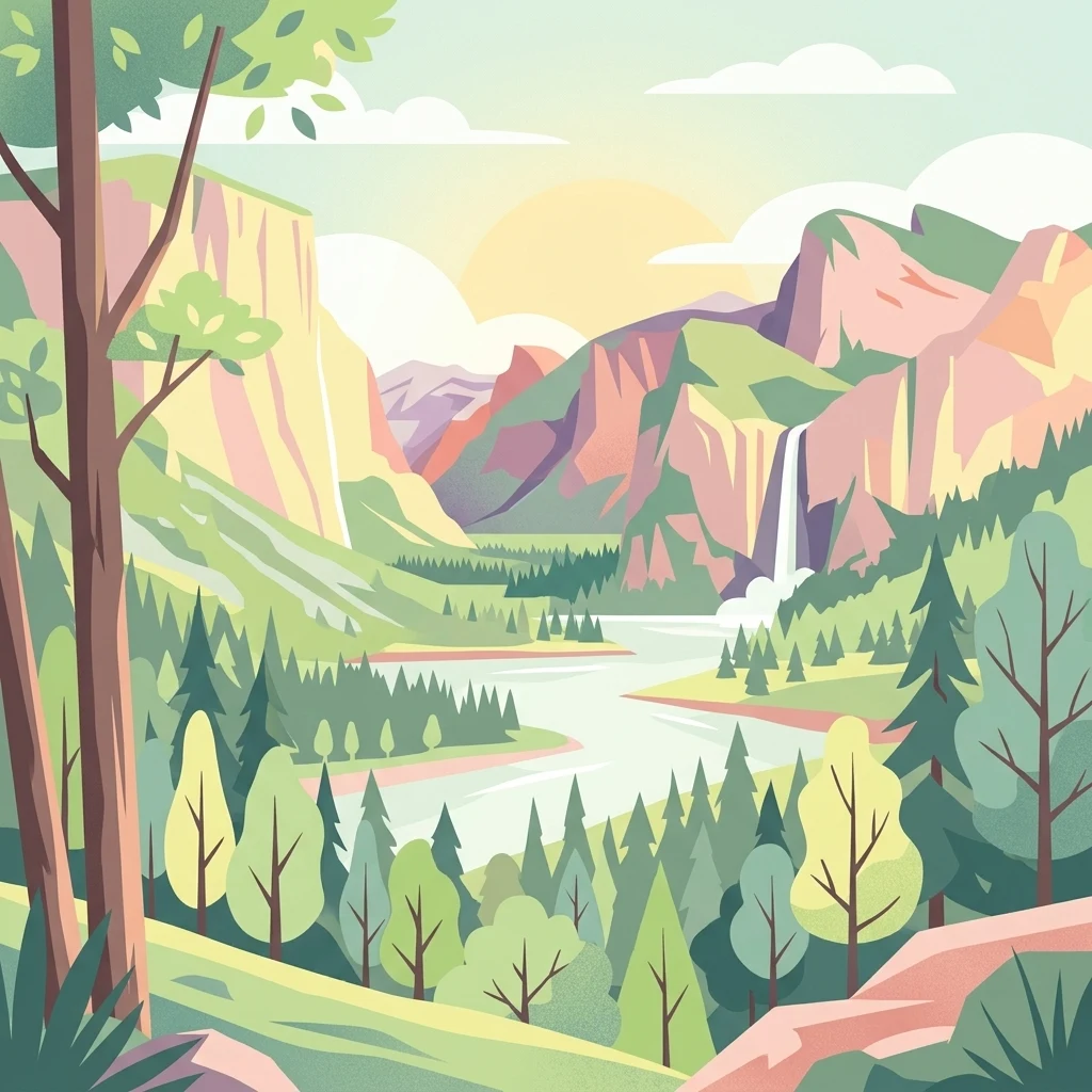 Ilustración estilizada de un valle montañoso con un río, una cascada y un bosque mixto bajo un cielo soleado.