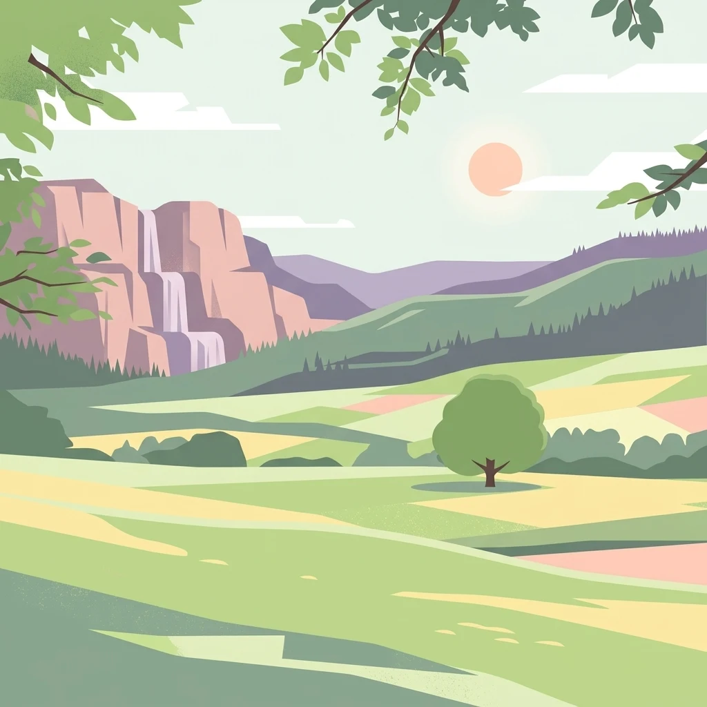 A flat vector illustration of a scenic valley with a waterfall flowing down a cliff on the left, rolling hills in the background, a single tree in a field in the foreground, and the sun shining in a soft sky.