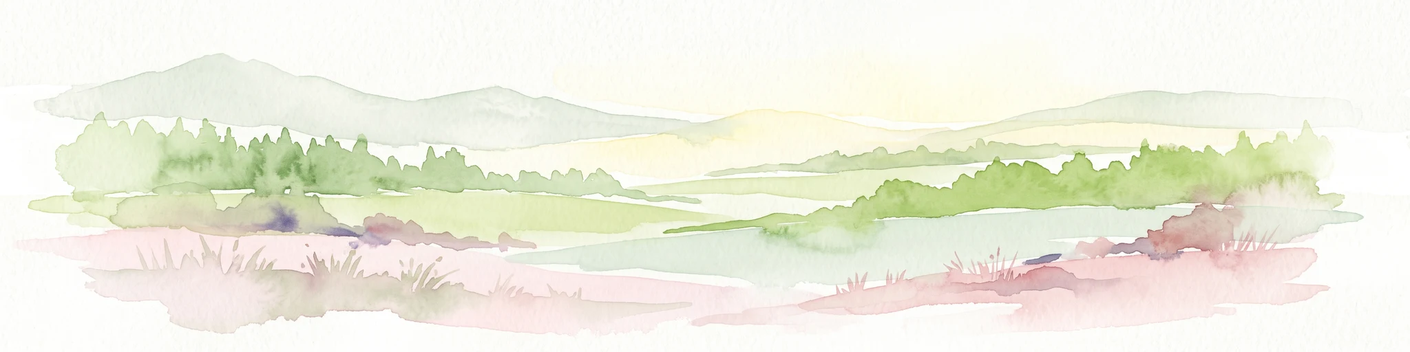 Watercolor painting of a soft, rolling landscape with green fields, distant hills, and low foreground vegetation.