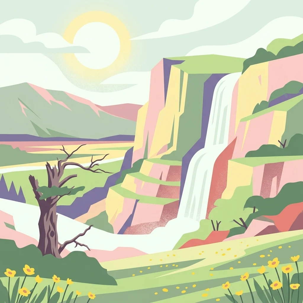 A flat vector-style illustration of a landscape with a waterfall cascading down rocky cliffs, a dead tree in the foreground, and a field of yellow flowers under a bright sun.