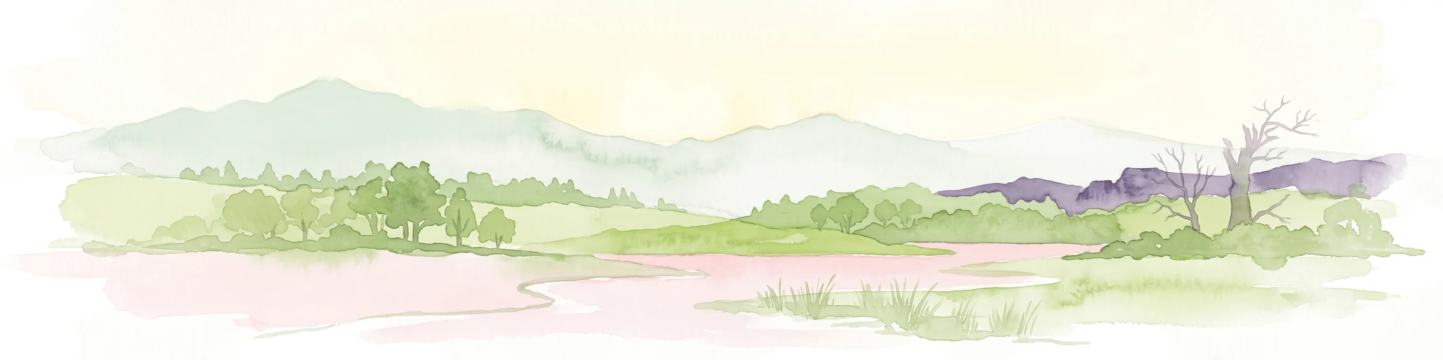 A watercolor illustration of a rolling natural landscape with soft green trees, light purple hills in the distance, and a pale stream or meadow in the foreground.