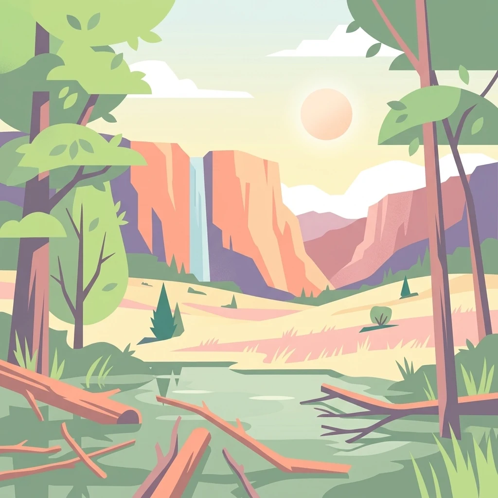 A flat vector-style illustration of a nature reserve landscape with a central waterfall descending from cliffs into a marshy area with fallen logs and surrounding trees at sunrise.