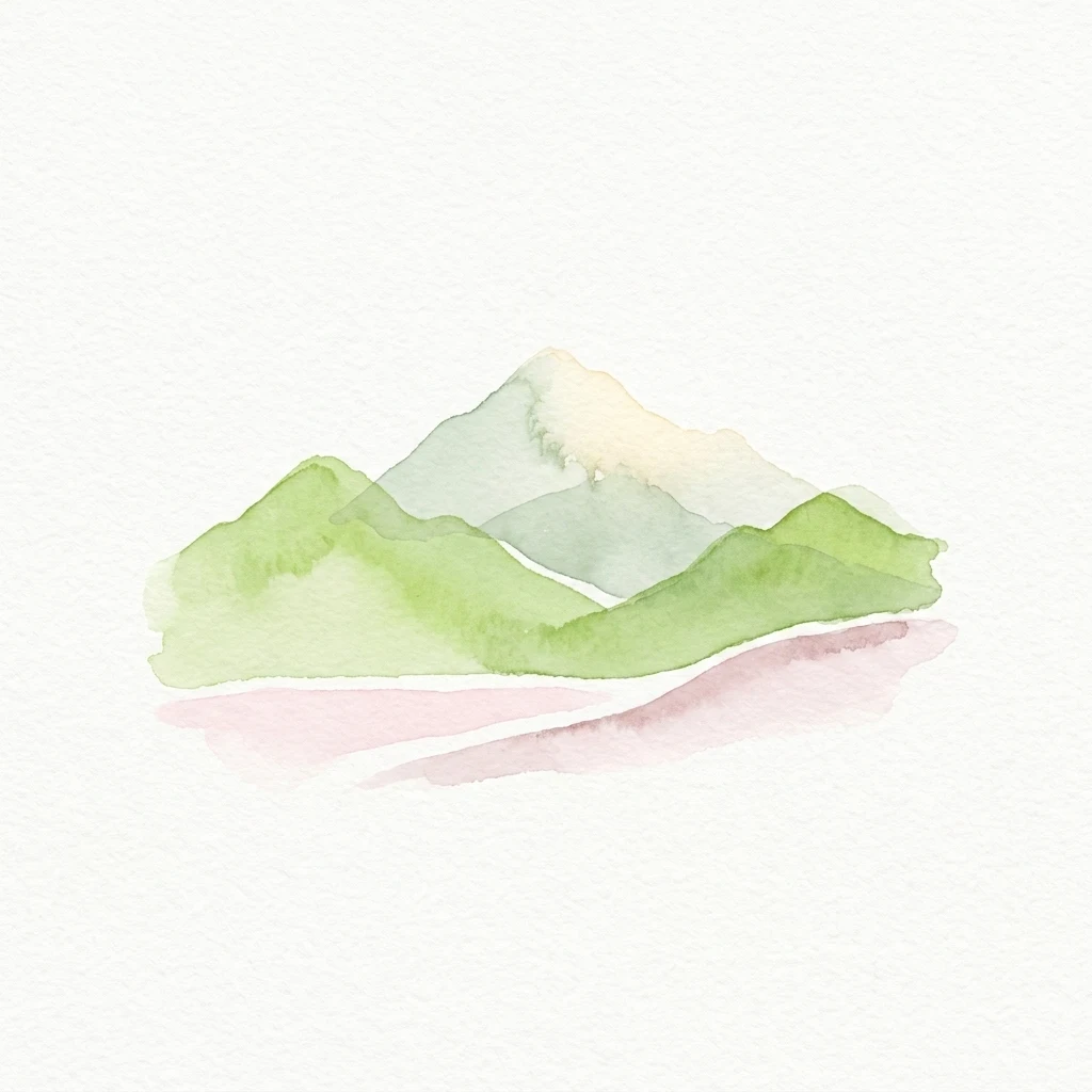 Watercolor illustration showing green and white mountain peaks with a pink valley