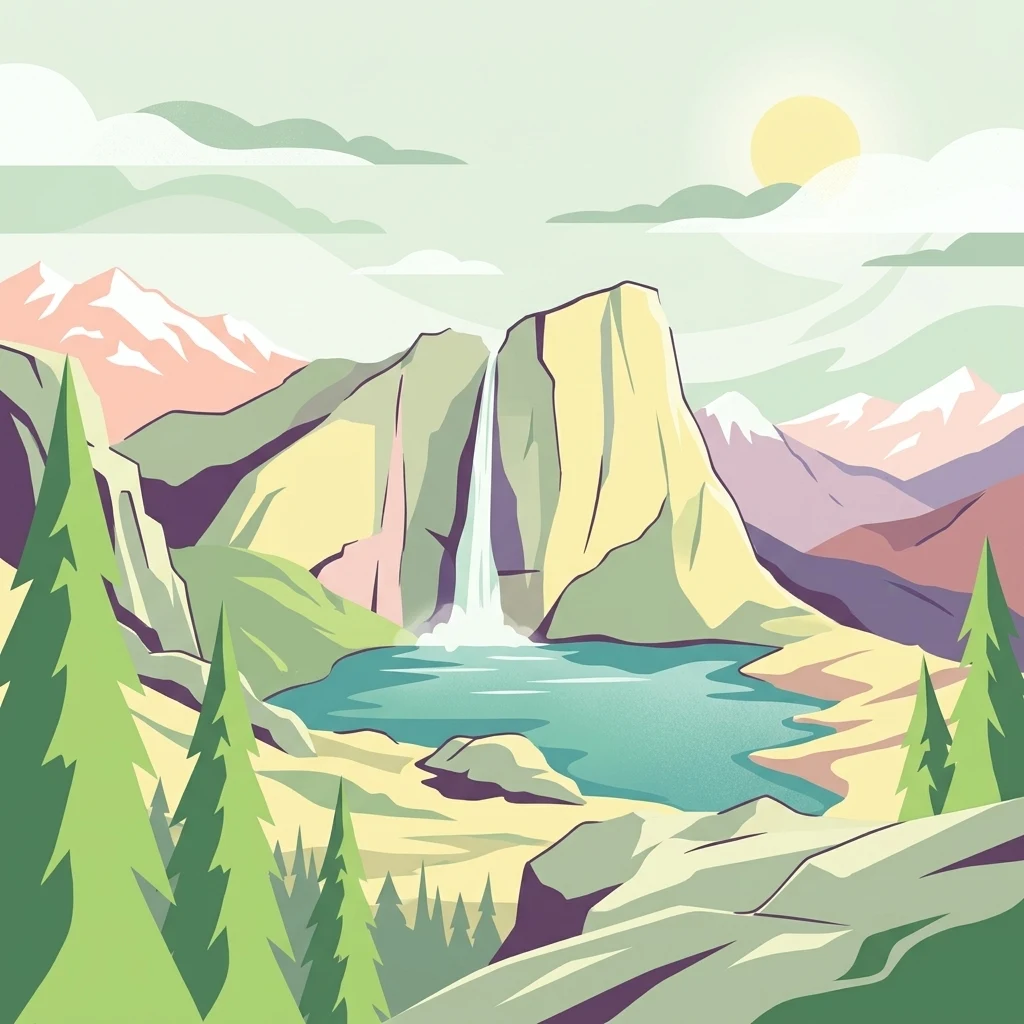 Ilustración de paisaje montañoso con cascada, lago, pinos y terreno rocoso bajo un cielo soleado