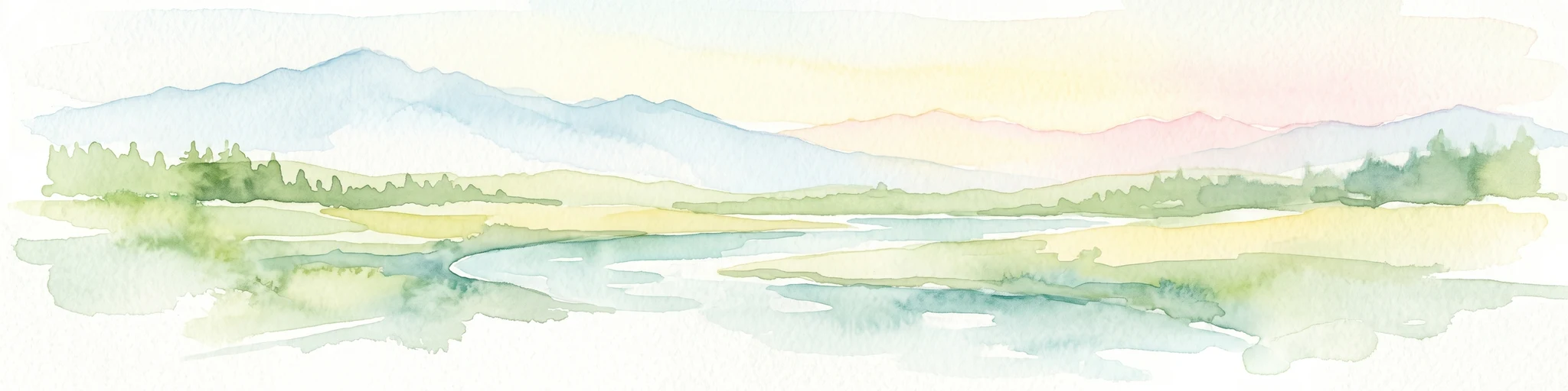 A watercolor painting depicting a river flowing through a valley with mountains in the background and green forests