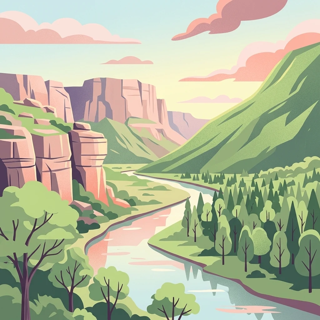 A stylized, flat-design illustration of a river winding through a valley flanked by steep, tiered cliffs on one side and a forested hillside on the other under a sunset-colored sky.