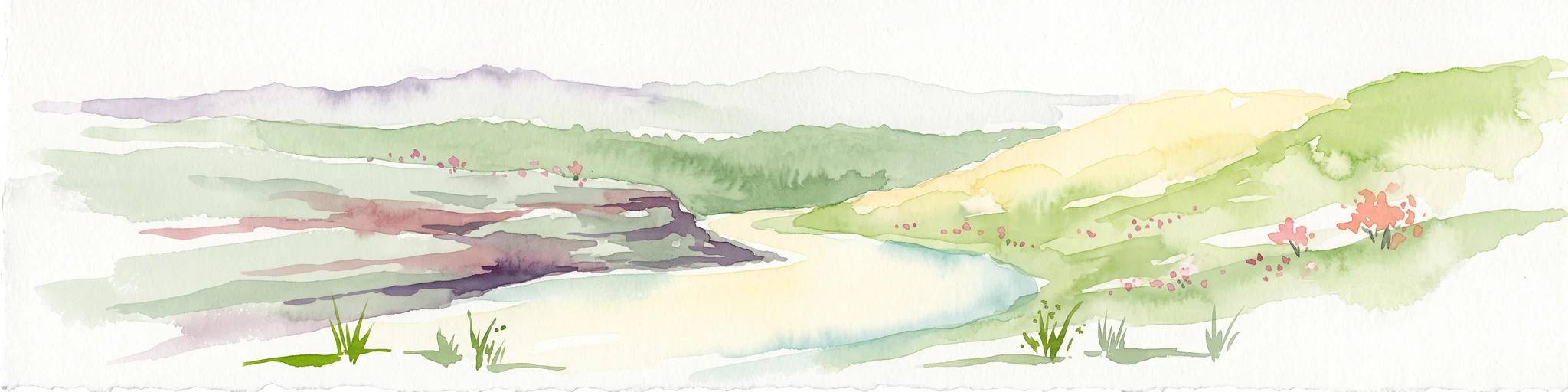 A soft watercolor painting of a river flowing through a hilly, green valley with distant ridgelines under a pale sky.