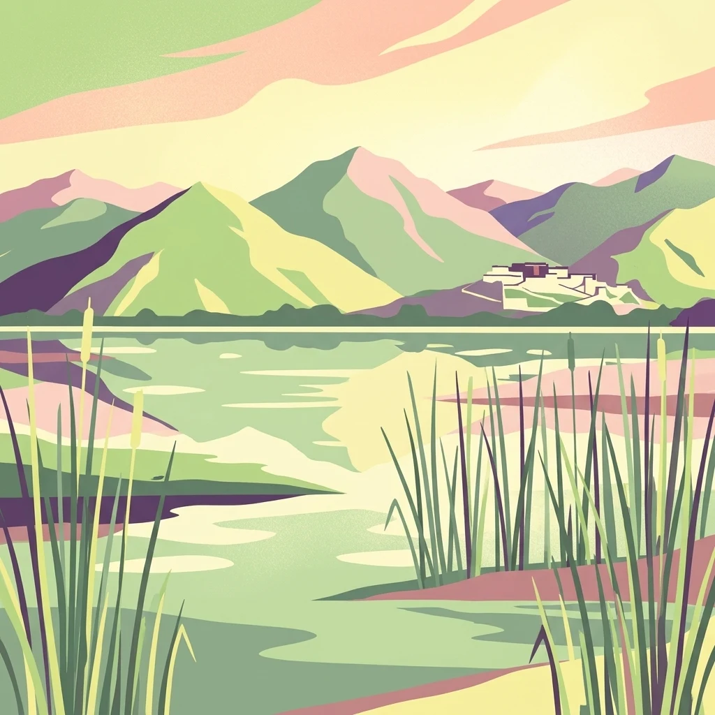 A digital illustration of the Laru Wetland with tall reeds in the foreground, calm water, and a mountain range with a building complex in the background under a soft light sky.