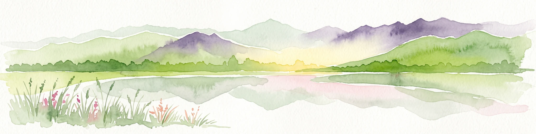 Una ilustración horizontal en acuarela que representa un humedal con aguas tranquilas que reflejan montañas lejanas onduladas y un amanecer resplandeciente en el horizonte.